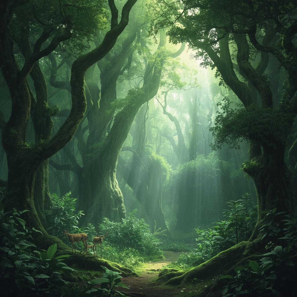 A lush green ancient forest with sunbeams piercing through the canopy, mystical atmosphere, highly detailed wildlife setting, nature (no people, no woman)